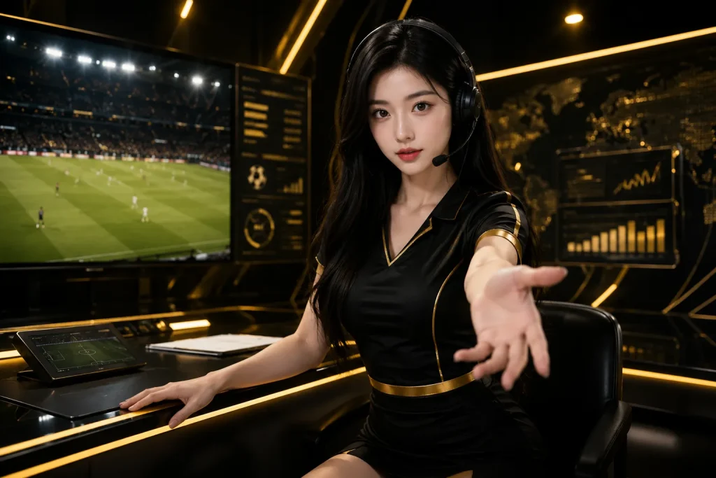 Sports broadcast studio with sleek gold accents